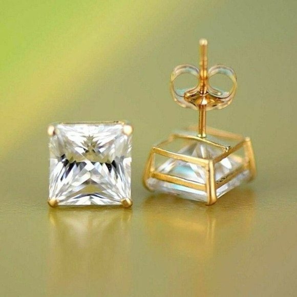 14k Yellow Gold Heavy Basket Princess Cut White Cubic Zirconia Stud Earrings 7mm - Picture 8 of 10